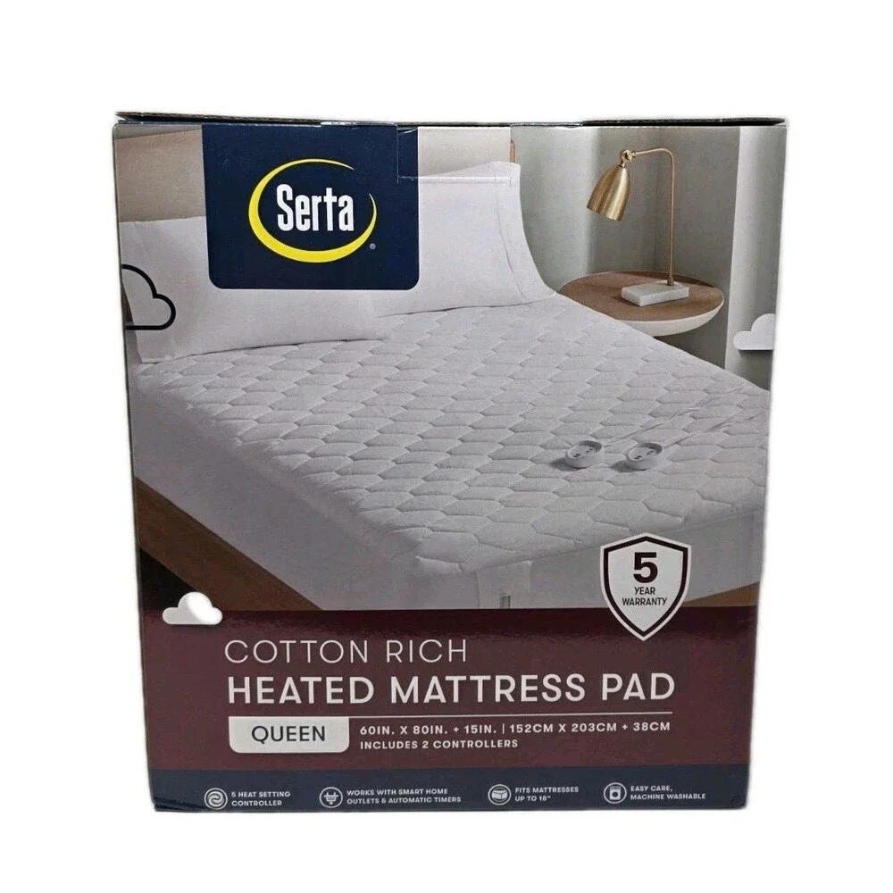 Serta Cotton Rich Queen Heated Mattress Pad Deep Fit, 5 Settings + 2 Controllers